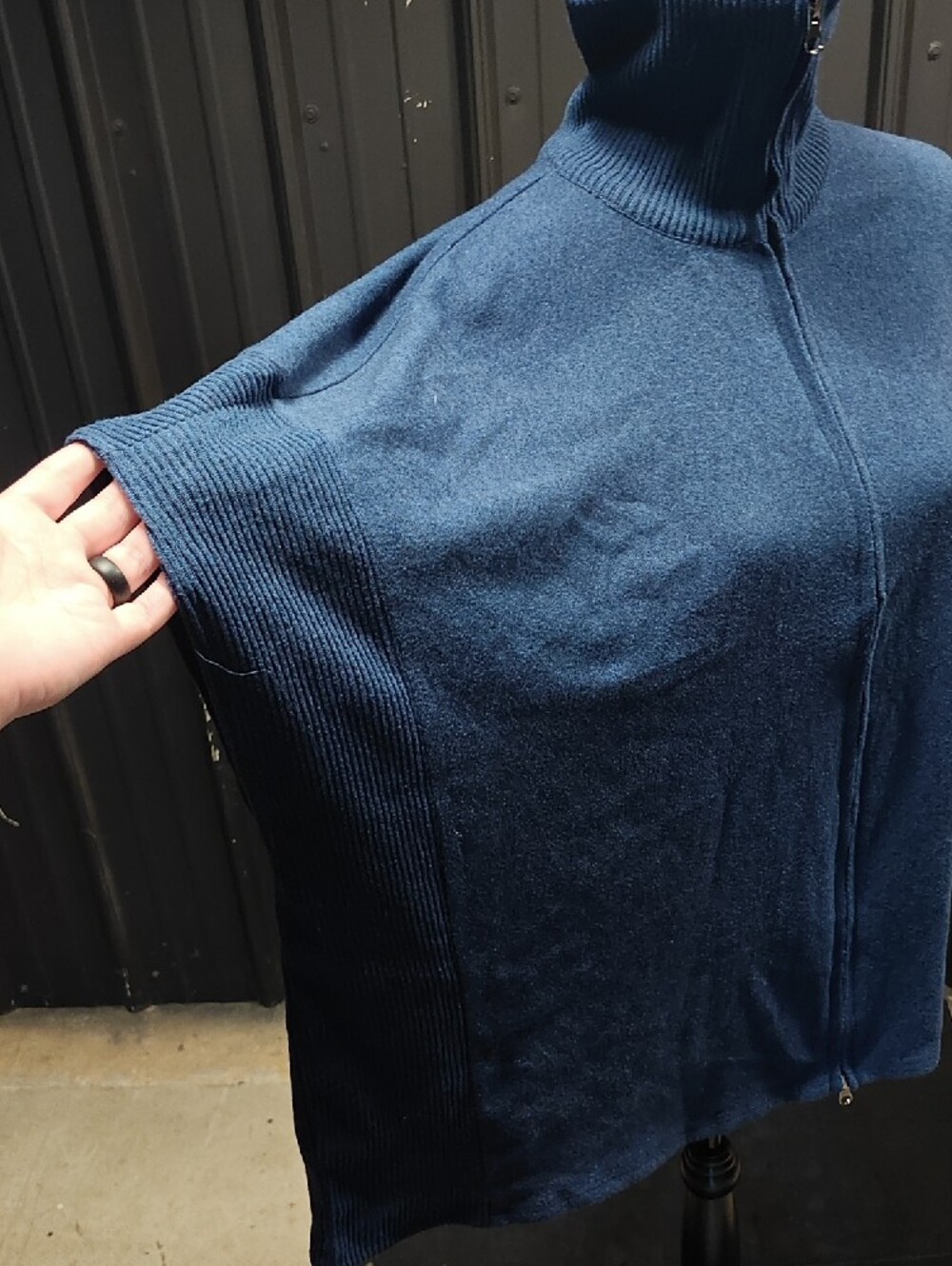 Women's Blue Zip-Front Poncho Sweater - Picture 5 of 6